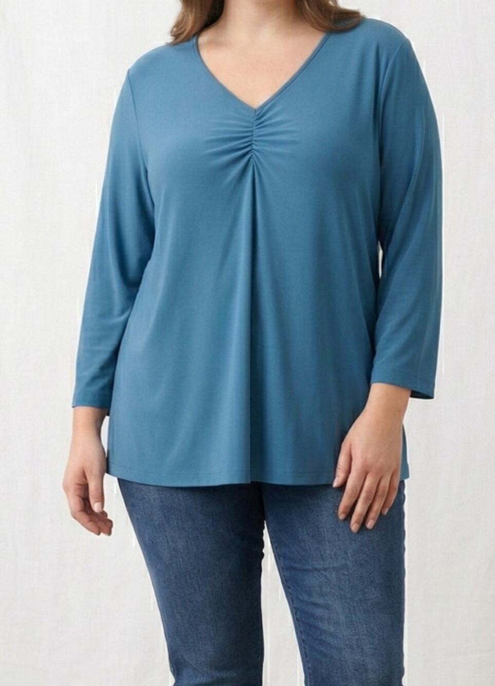 Susan Graver XL Polyester Spandex V Neck Top Blue Green Liquid Knit